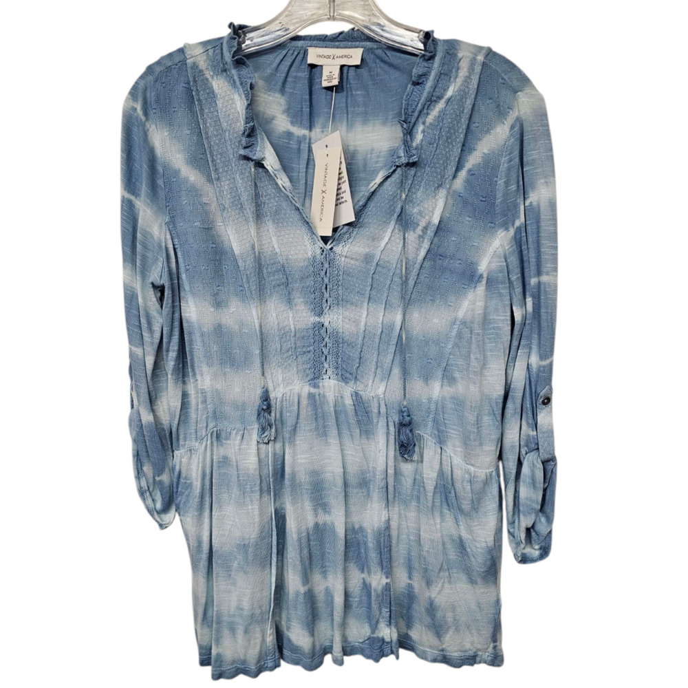 Vintage America Babydoll Tie Dye Peasant Top Sz M Roll Tab sleeves Boho Tassels